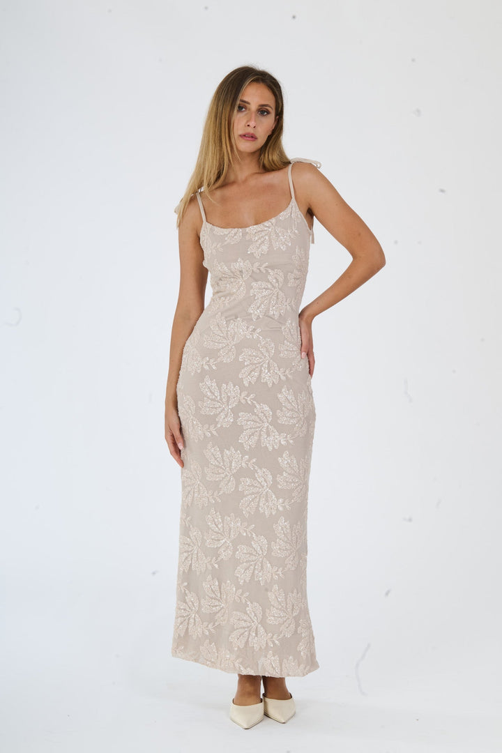“Melvya” Dress – Long Beige Dress with Thin Straps and Raised Floral Embroidery