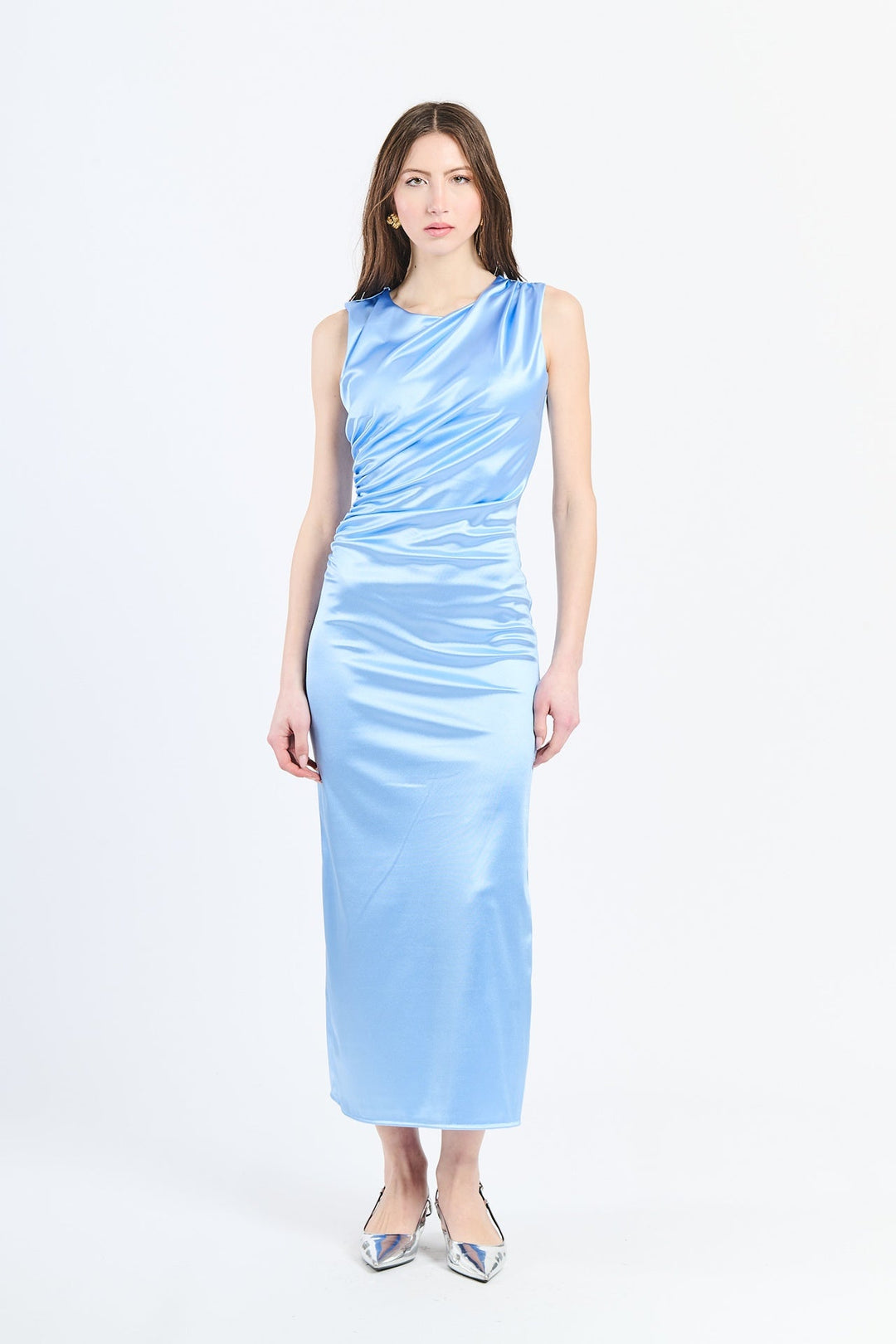 “Zaffira” Dress – Satin Midi Dress with Side Draping and Asymmetrical Neckline