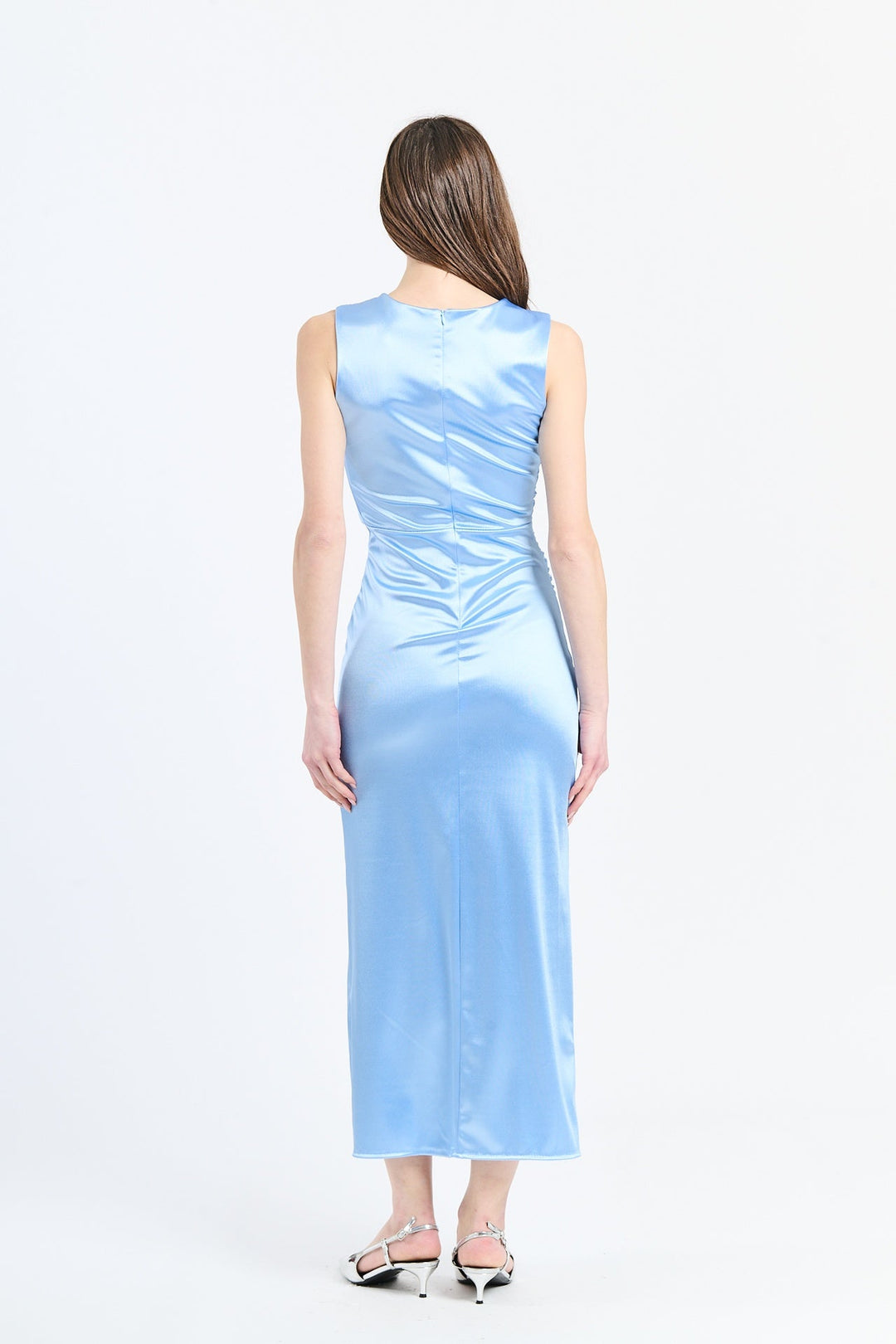 “Zaffira” Dress – Satin Midi Dress with Side Draping and Asymmetrical Neckline