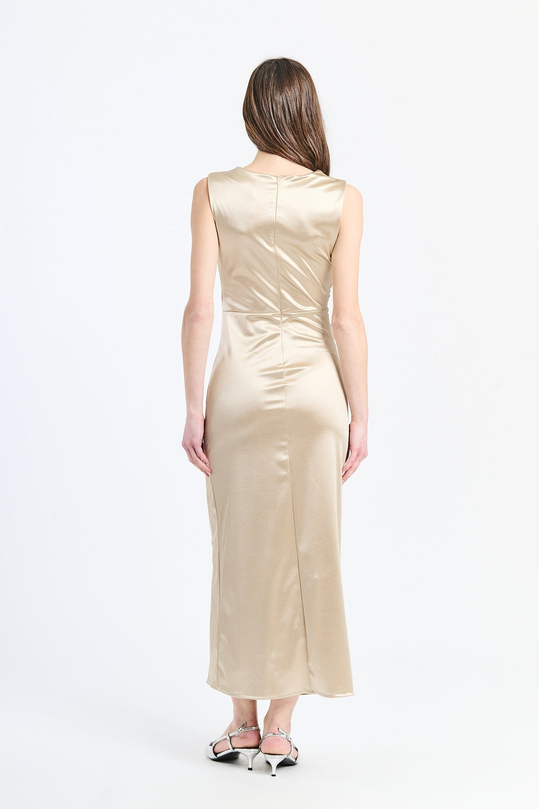 “Zaffira” Dress – Satin Midi Dress with Side Draping and Asymmetrical Neckline