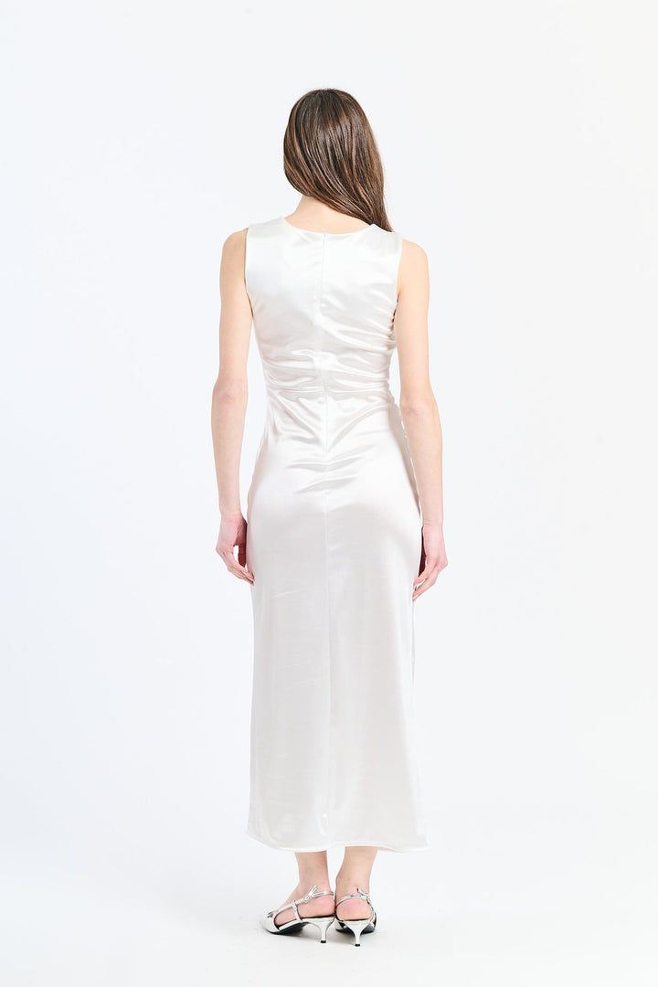 “Zaffira” Dress – Satin Midi Dress with Side Draping and Asymmetrical Neckline
