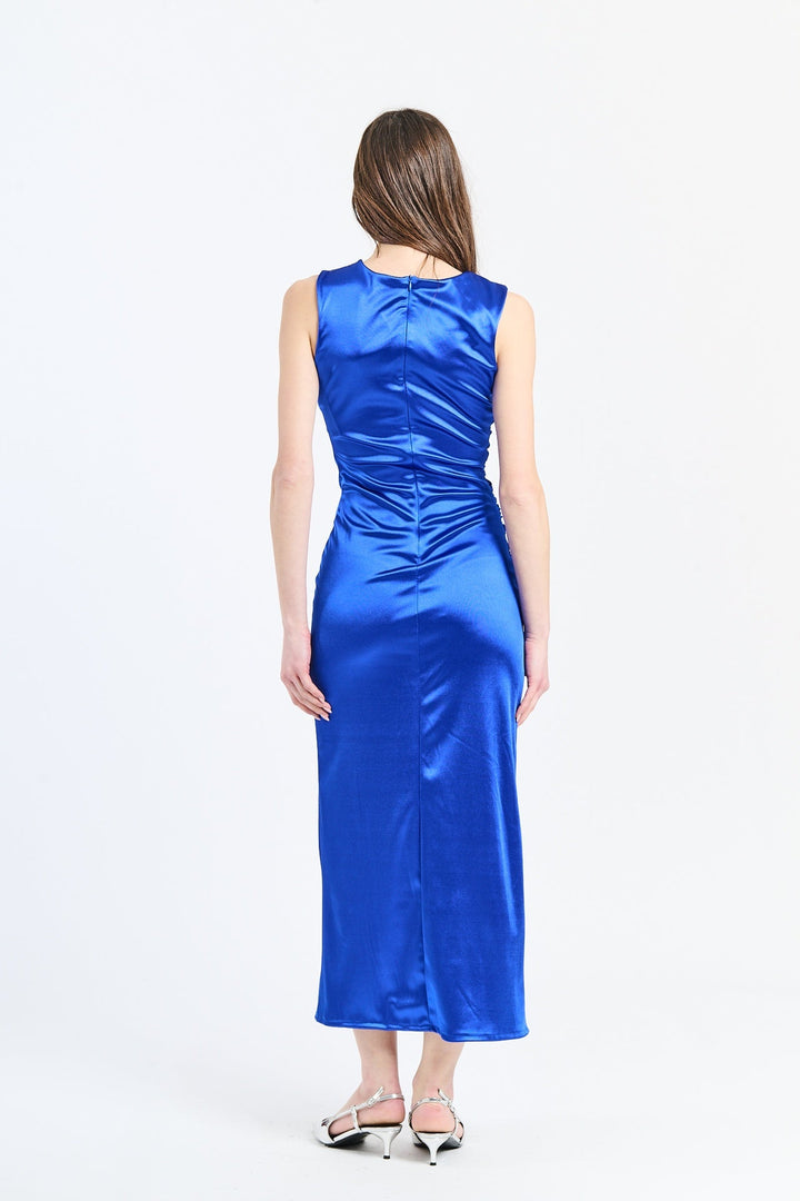 “Zaffira” Dress – Satin Midi Dress with Side Draping and Asymmetrical Neckline