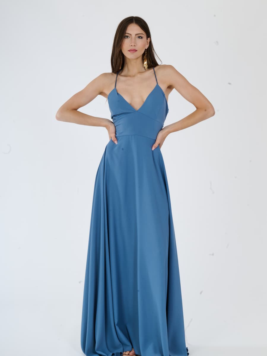 "Delfina" Dress – Elegant Long Dress in Polyester with Thin Straps and Tied Back