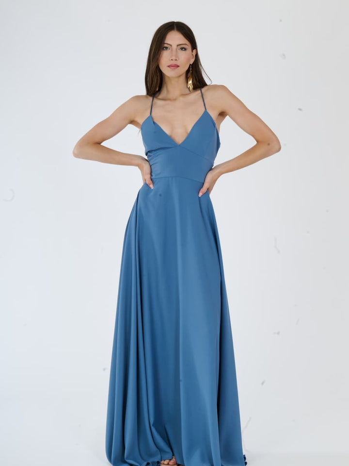 "Delfina" Dress – Elegant Long Dress in Polyester with Thin Straps and Tied Back