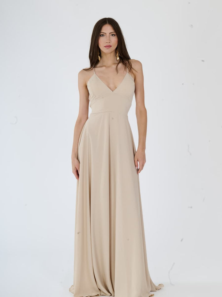"Delfina" Dress – Elegant Long Dress in Polyester with Thin Straps and Tied Back