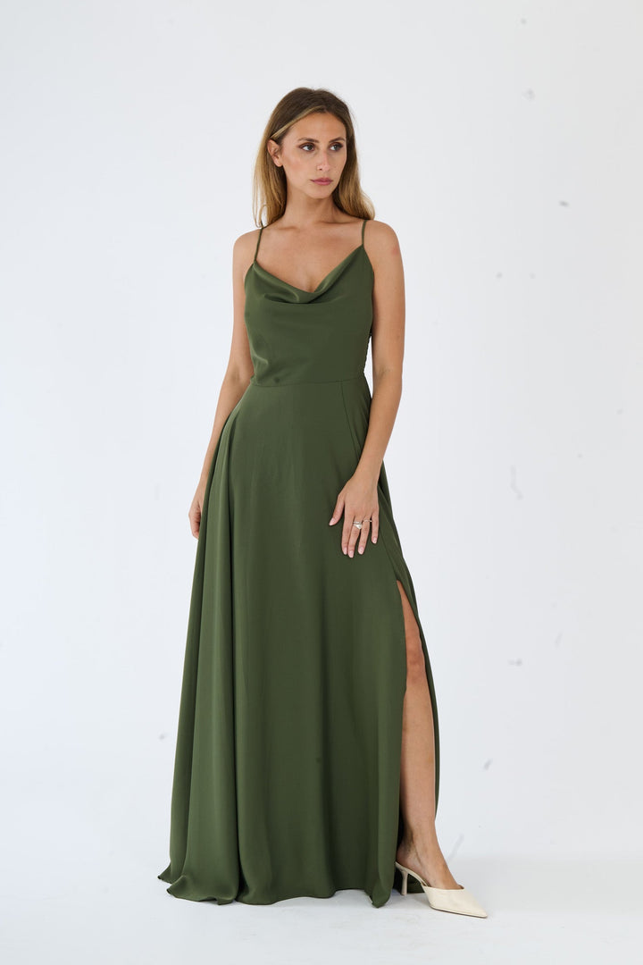 "Isadora" Dress – Long Polyester Dress with Slit and Tied Straps
