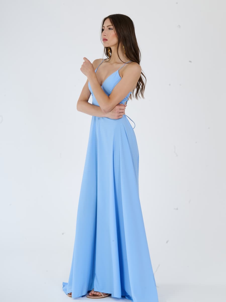 "Delfina" Dress – Elegant Long Dress in Polyester with Thin Straps and Tied Back