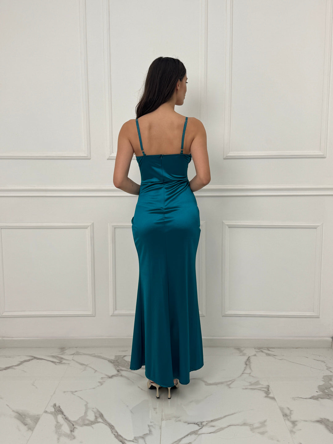 Satin dress with boned bodice and side slit Romina