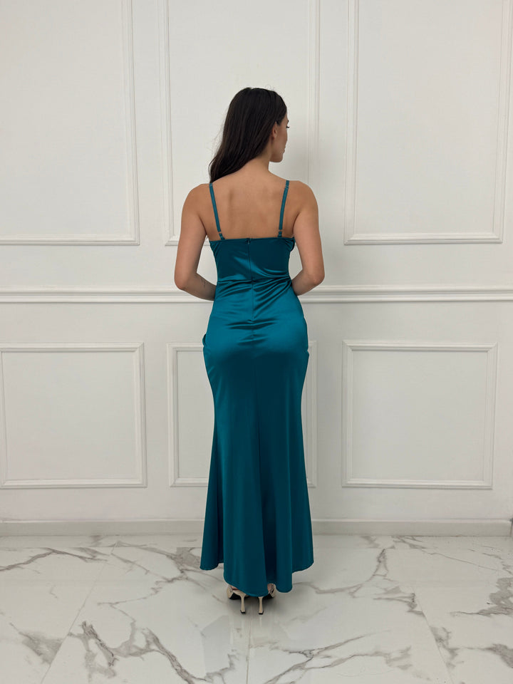 Satin dress with boned bodice and side slit Romina