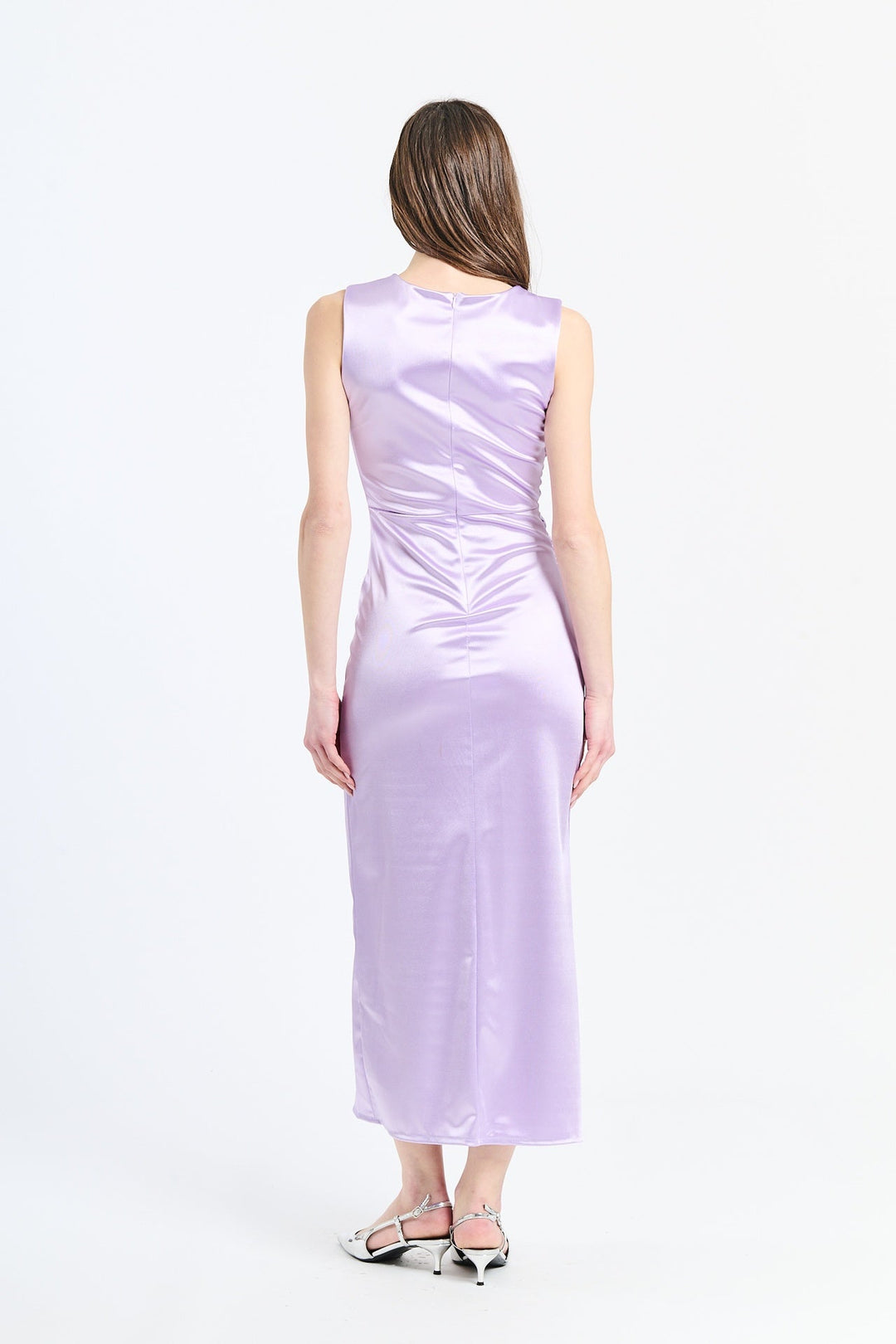“Zaffira” Dress – Satin Midi Dress with Side Draping and Asymmetrical Neckline