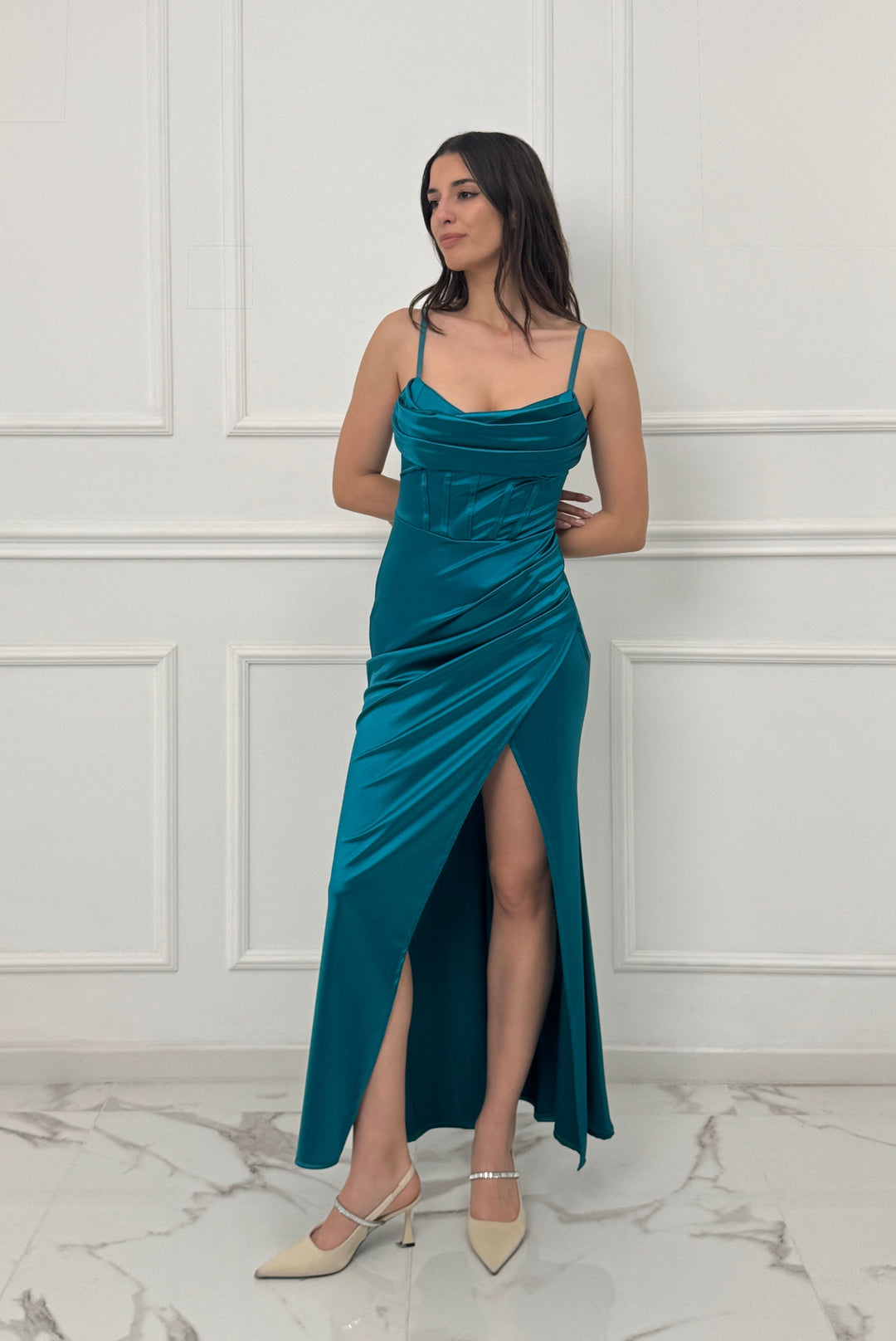Satin dress with boned bodice and side slit Romina