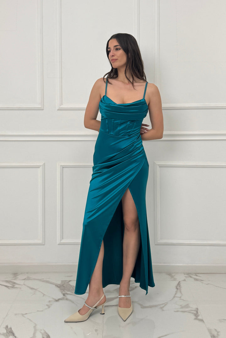 Satin dress with boned bodice and side slit Romina