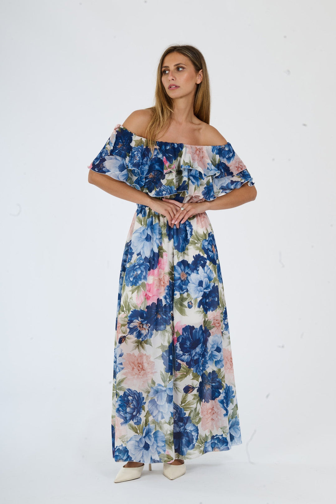 “Hydrangea” Dress – Long Floral Dress with Off-the-Shoulder Sleeves and Romantic Ruffles