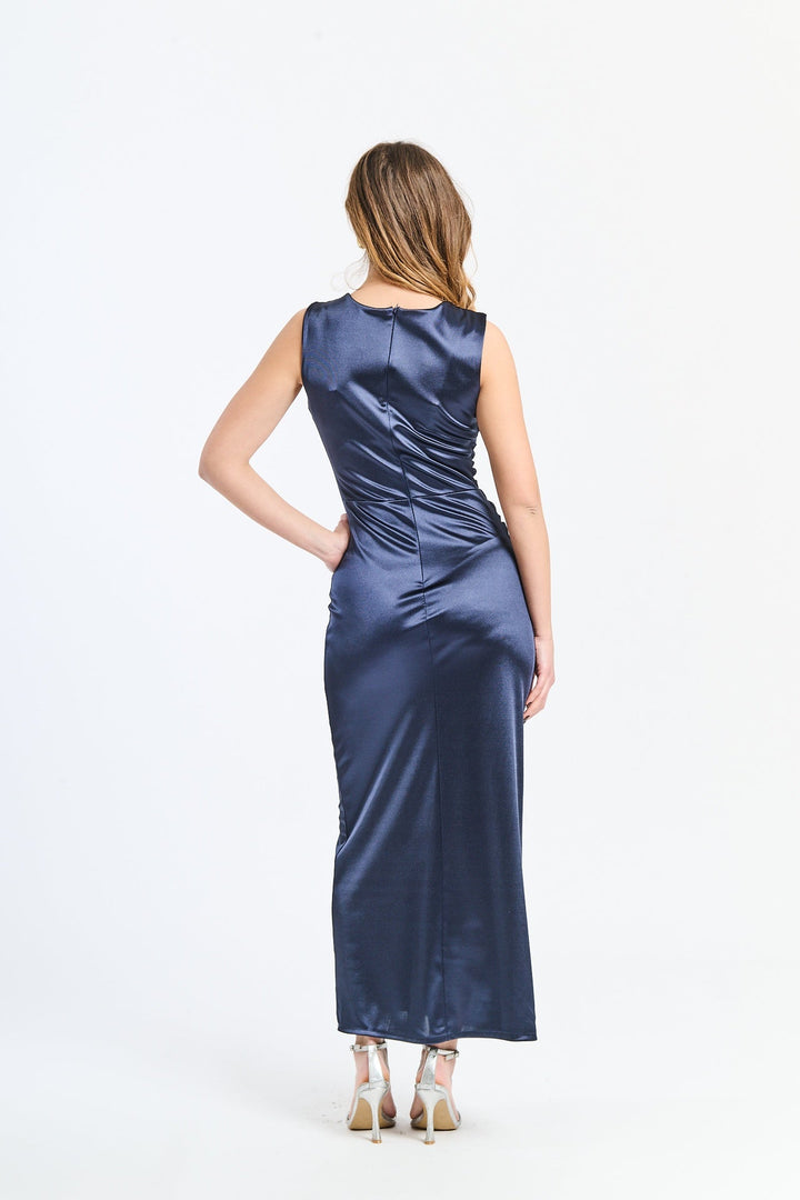 “Zaffira” Dress – Satin Midi Dress with Side Draping and Asymmetrical Neckline