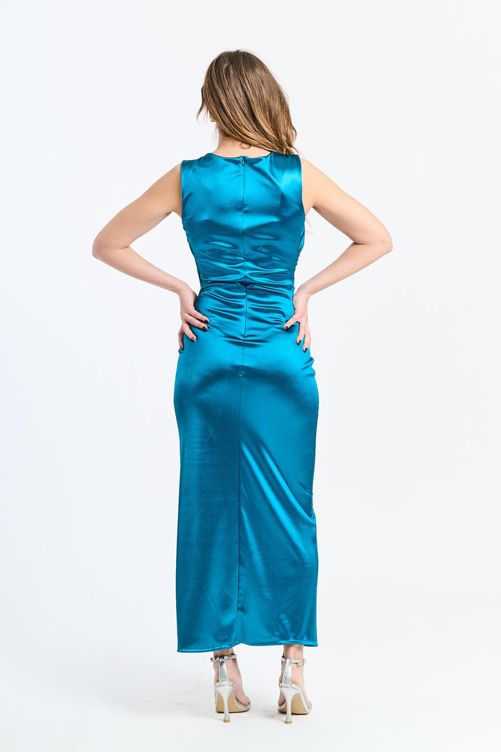 “Zaffira” Dress – Satin Midi Dress with Side Draping and Asymmetrical Neckline