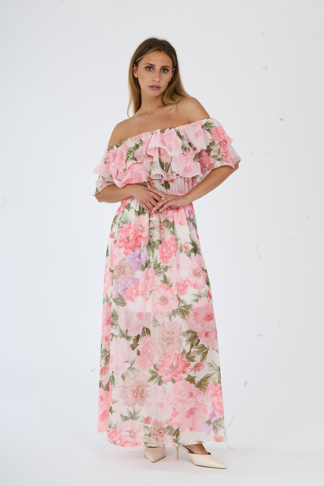 “Hydrangea” Dress – Long Floral Dress with Off-the-Shoulder Sleeves and Romantic Ruffles