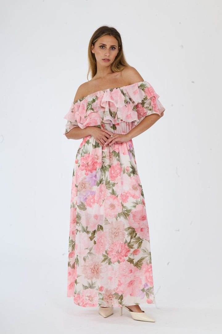 “Hydrangea” Dress – Long Floral Dress with Off-the-Shoulder Sleeves and Romantic Ruffles