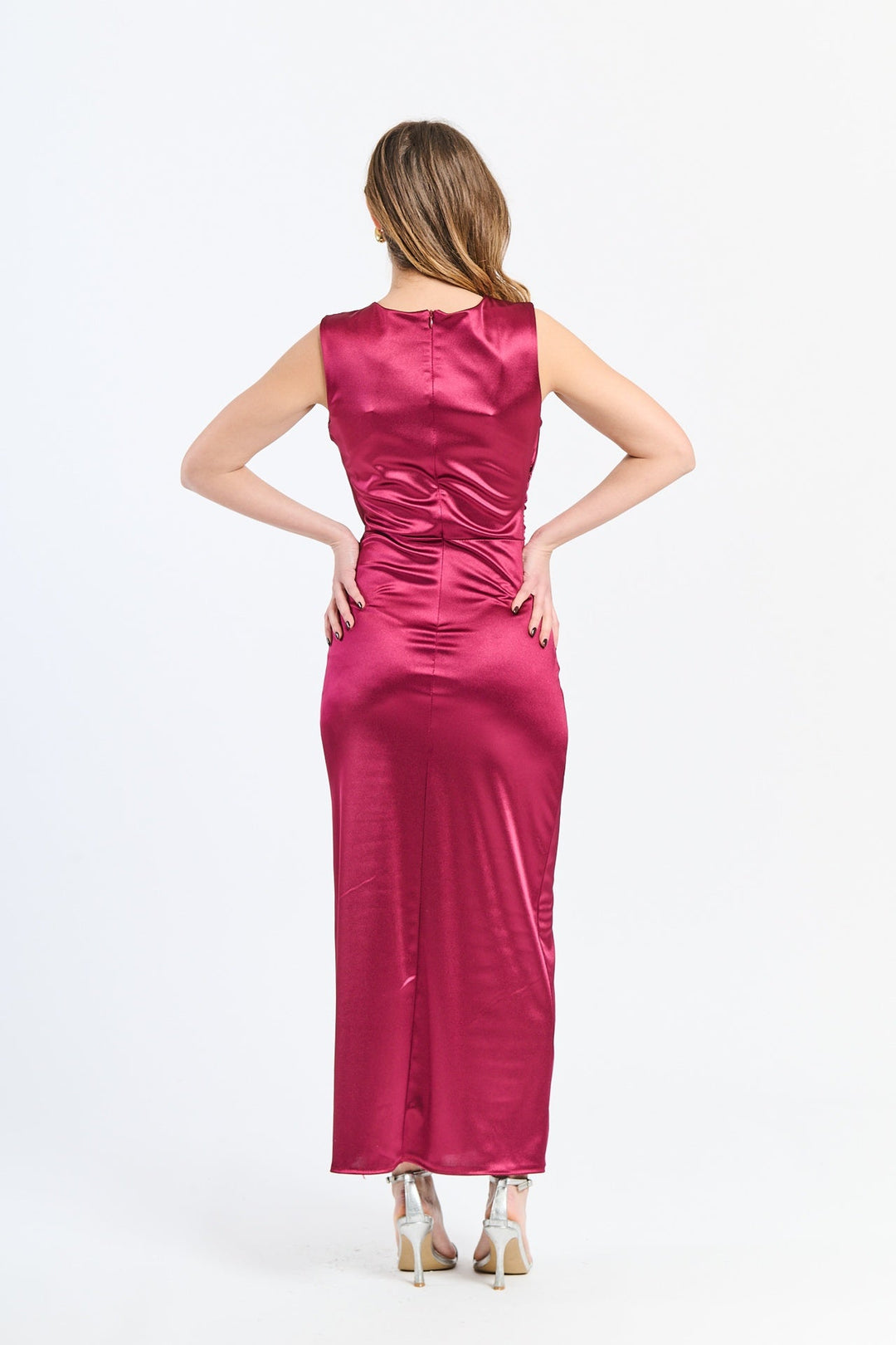 “Zaffira” Dress – Satin Midi Dress with Side Draping and Asymmetrical Neckline