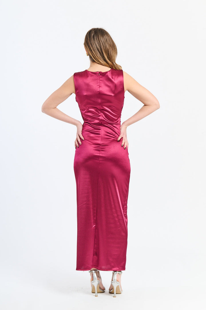“Zaffira” Dress – Satin Midi Dress with Side Draping and Asymmetrical Neckline