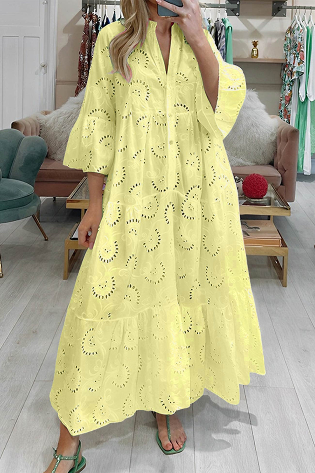 Noa™ - Cotton Dress with Embroidered Sleeves and V-Neck
