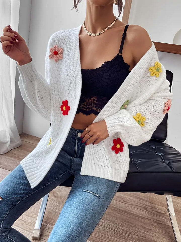 Risette™ - Cardigan Tricoté à Motif Floral