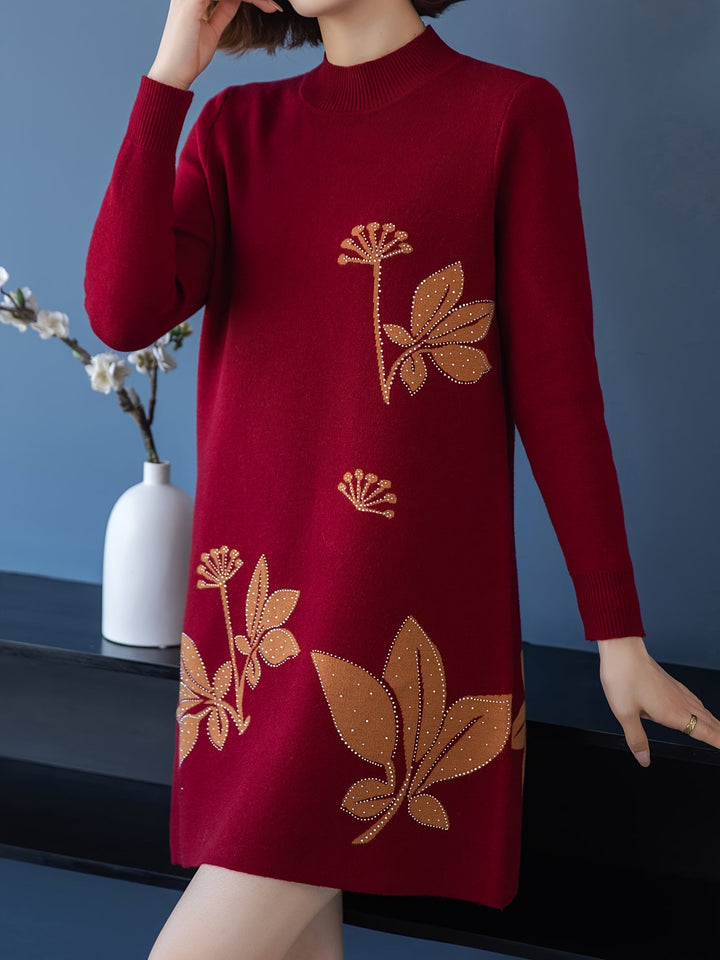 Lourdes™ - Elegant Floral Knit Dress with Round Neck