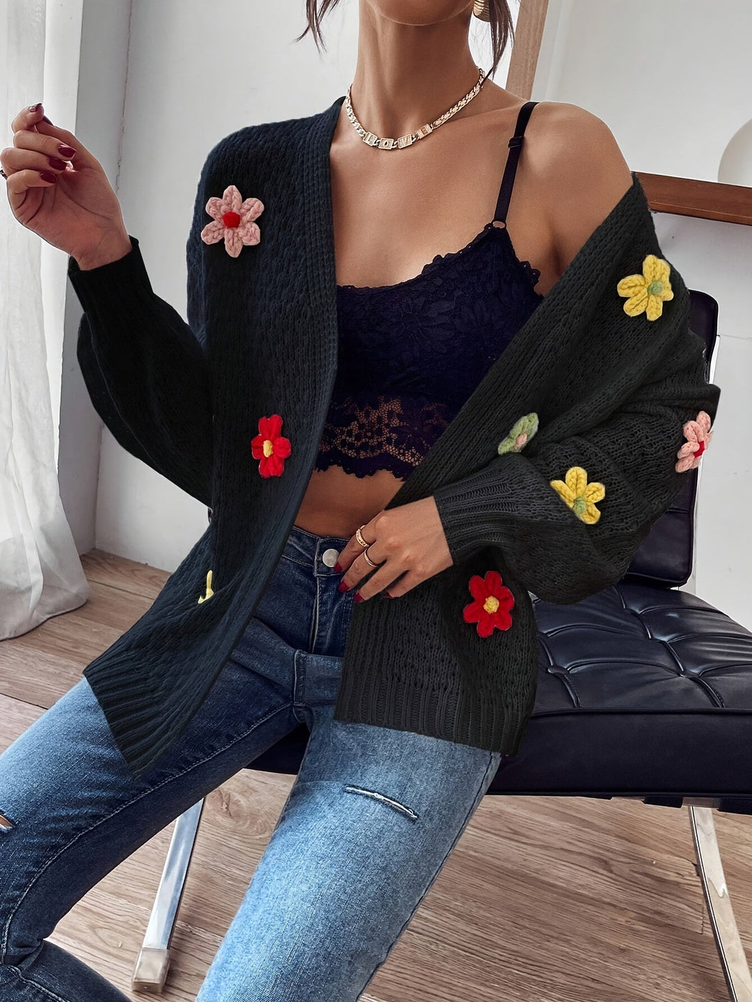 Risette™ - Cardigan Tricoté à Motif Floral