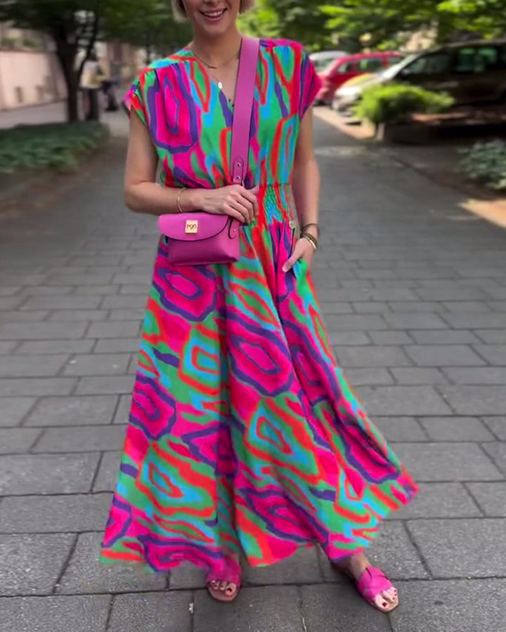 Roxana™ - Long colorful printed dress with V-neck and raglan sleeves