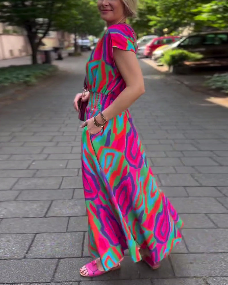 Roxana™ - Long colorful printed dress with V-neck and raglan sleeves