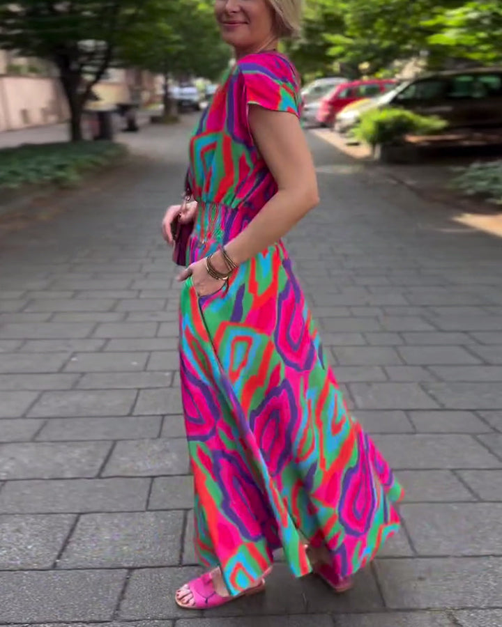 Roxana™ - Long colorful printed dress with V-neck and raglan sleeves