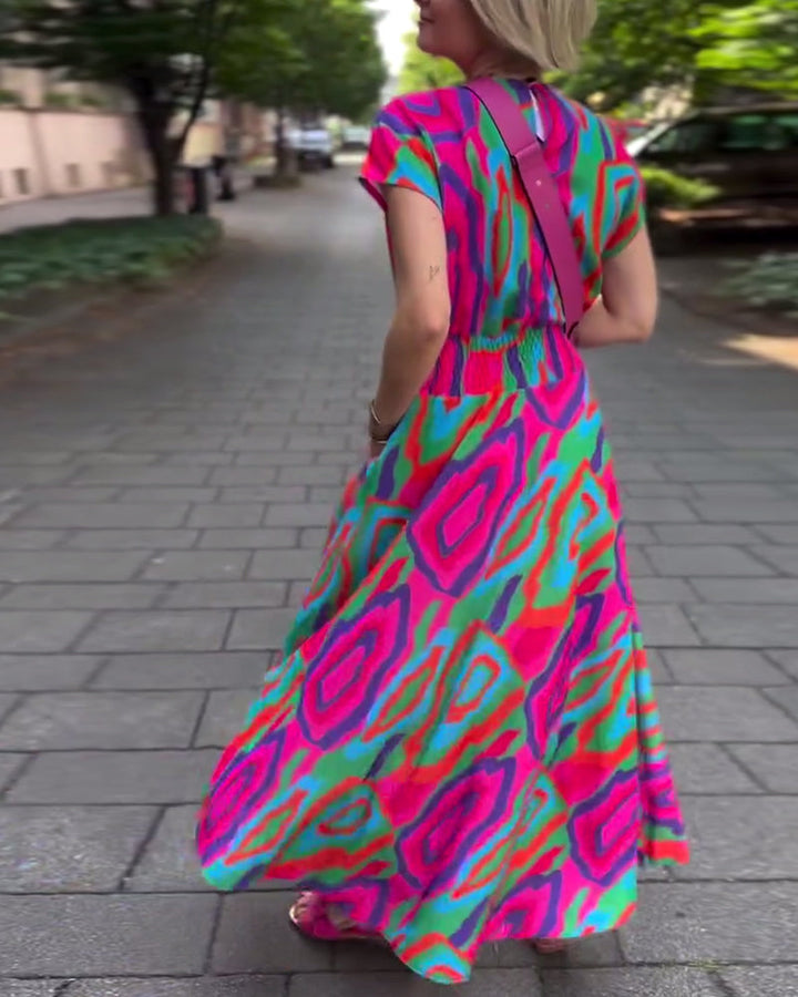 Roxana™ - Long colorful printed dress with V-neck and raglan sleeves