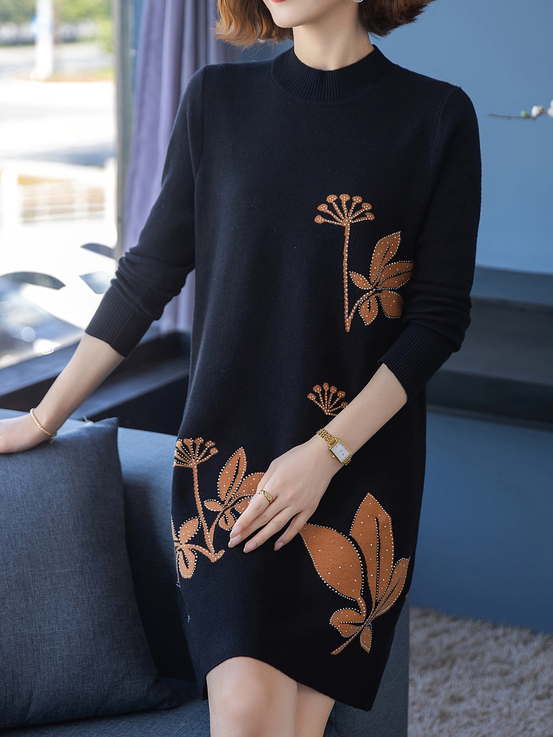 Lourdes™ - Elegant Floral Knit Dress with Round Neck