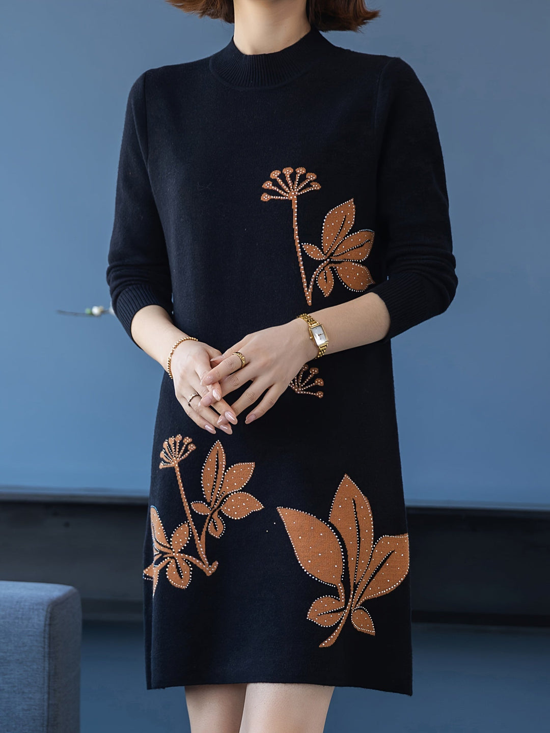 Lourdes™ - Elegant Floral Knit Dress with Round Neck