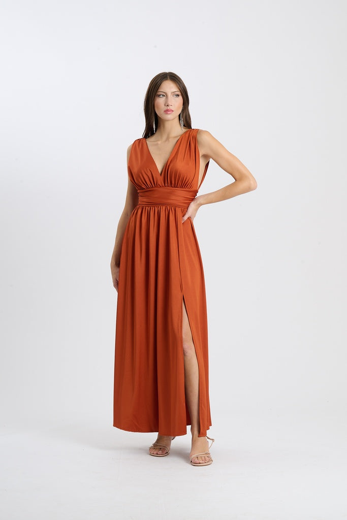 Long Satin Dress with V-Neck – Model “Aria”