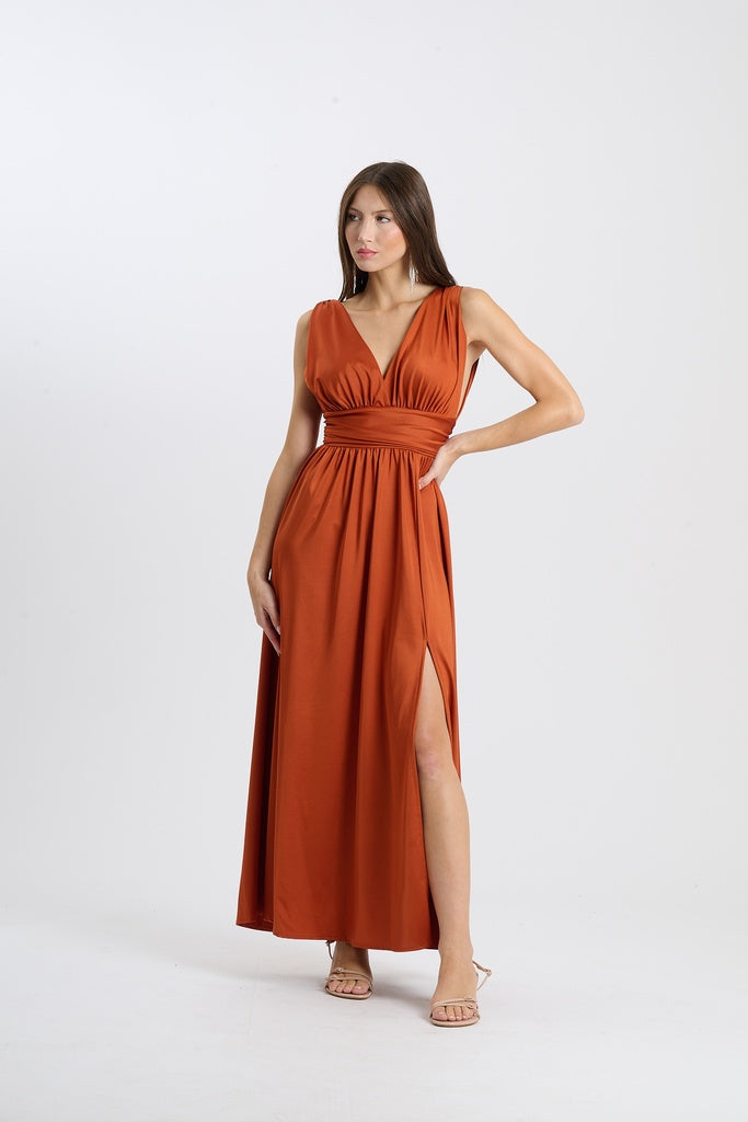 Long Satin Dress with V-Neck – Model “Aria”