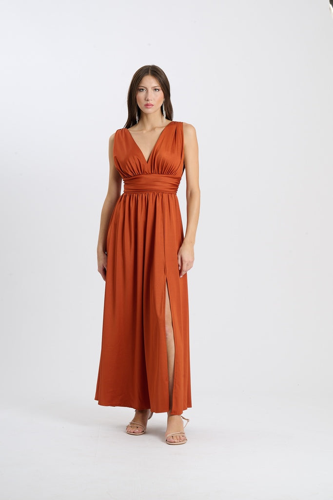 Long Satin Dress with V-Neck – Model “Aria”