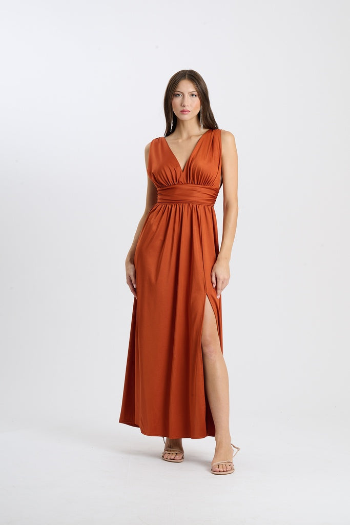 Long Satin Dress with V-Neck – Model “Aria”