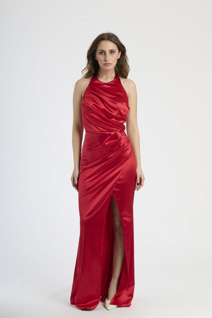 Draped Satin Dress with American Neckline Aria