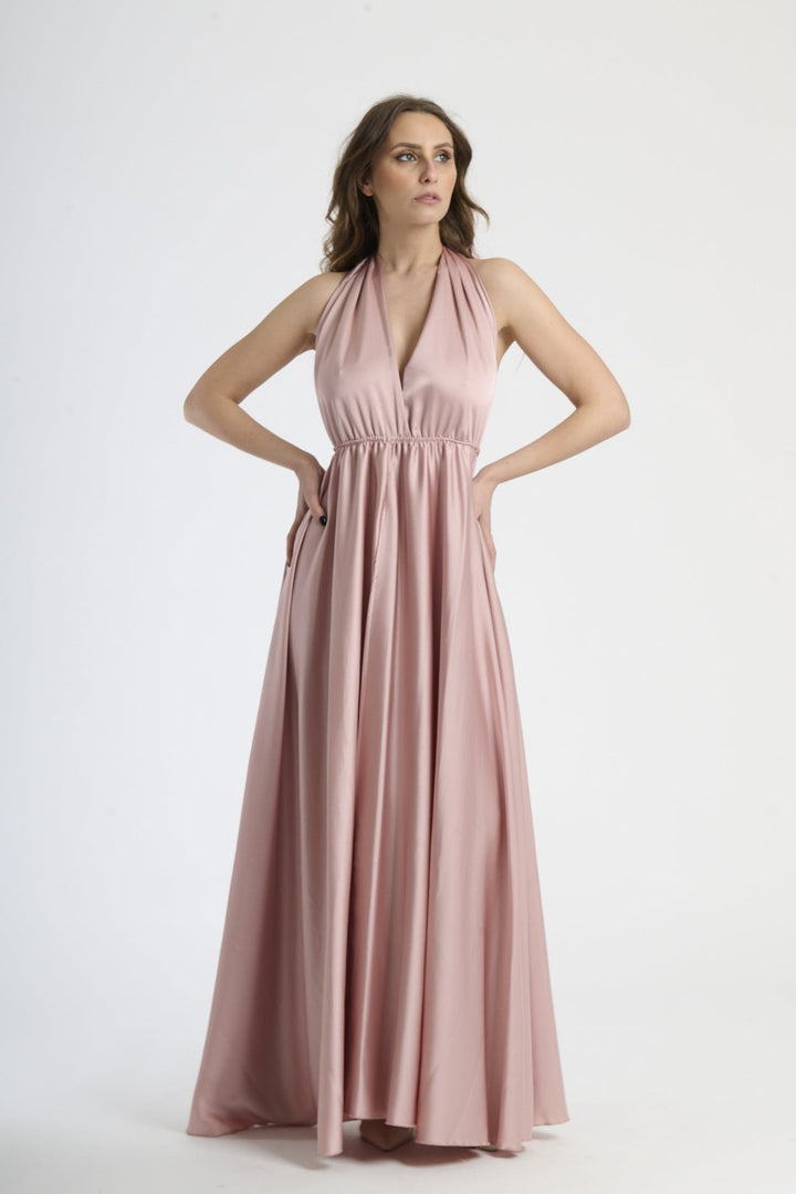 Long Satin Dress with Shoulder Strap and Open Back Pamela