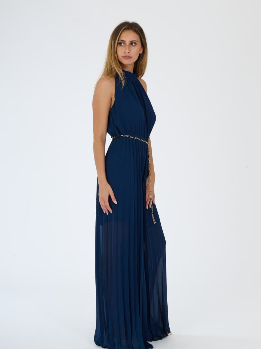 "Celestea" Jumpsuit – Plissé Jumpsuit with Crew Neck and Chain Waist