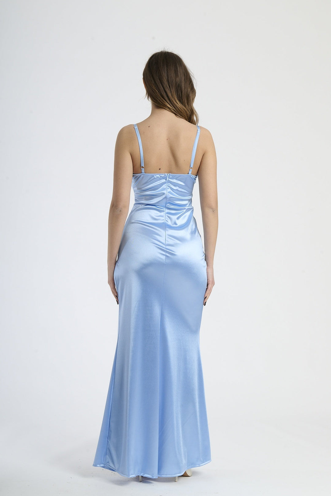 Satin dress with boned bodice and side slit Romina
