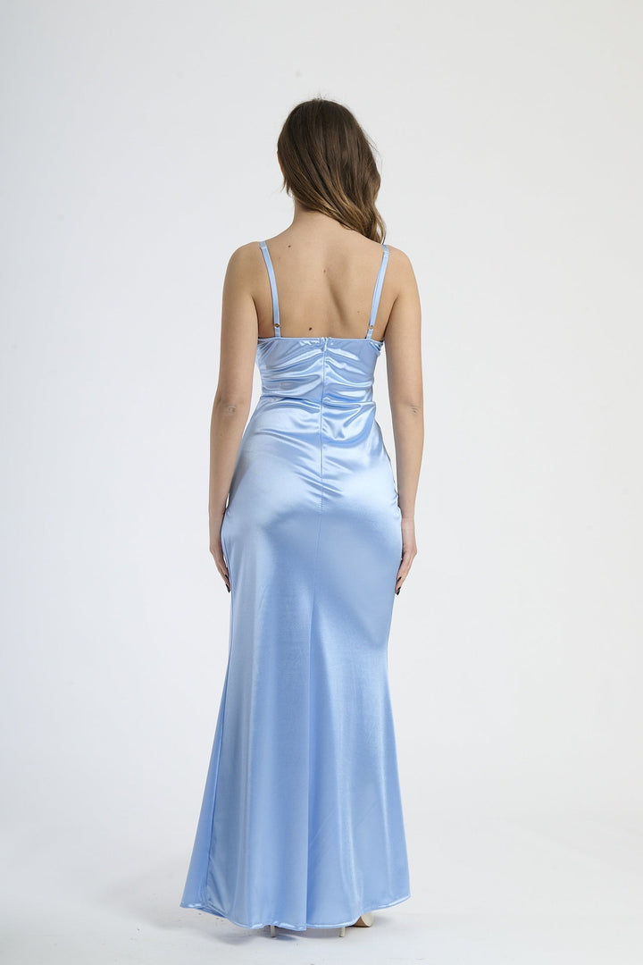 Satin dress with boned bodice and side slit Romina