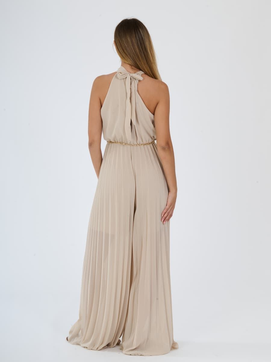 "Celestea" Jumpsuit – Plissé Jumpsuit with Crew Neck and Chain Waist