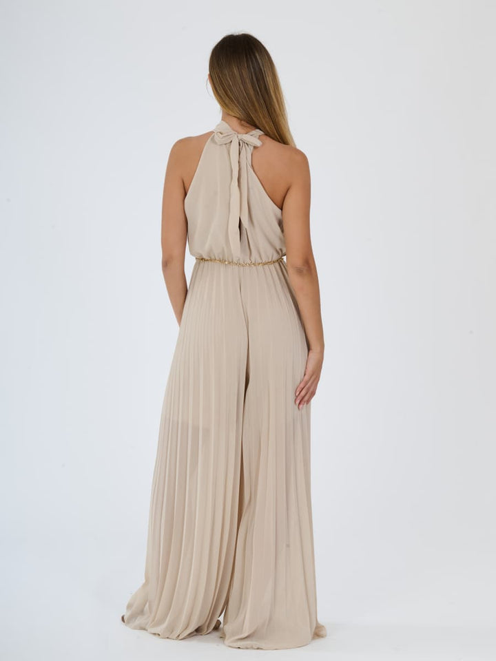 "Celestea" Jumpsuit – Plissé Jumpsuit with Crew Neck and Chain Waist