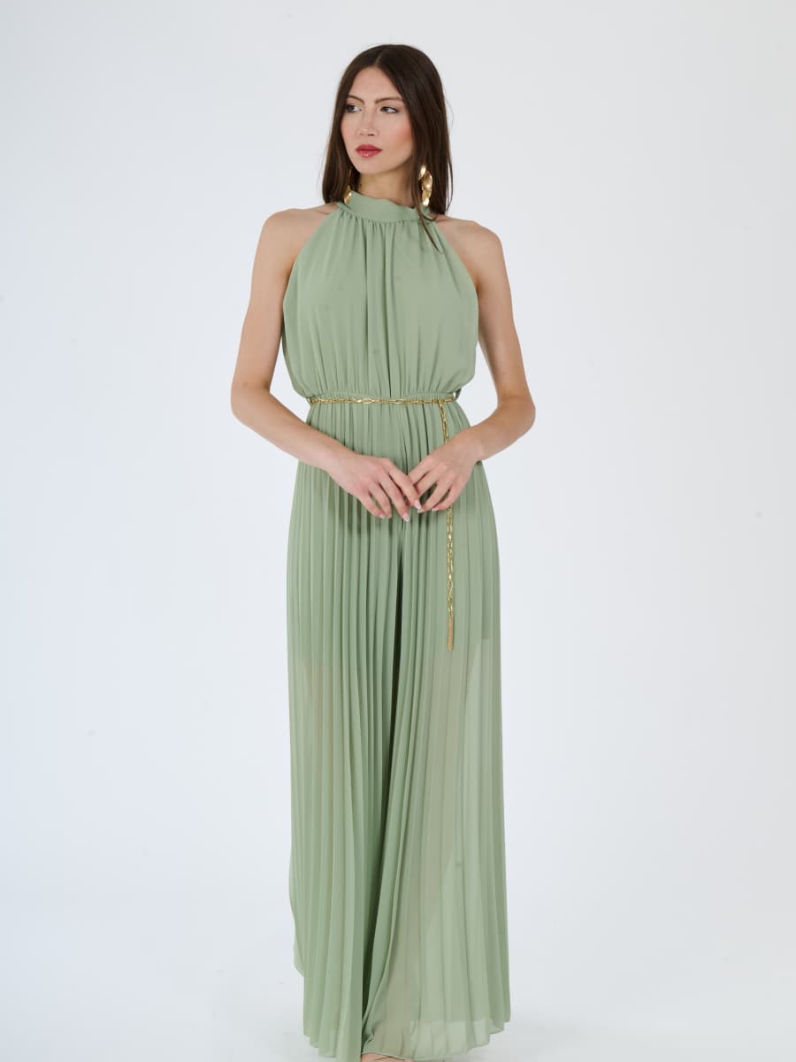 "Celestea" Jumpsuit – Plissé Jumpsuit with Crew Neck and Chain Waist