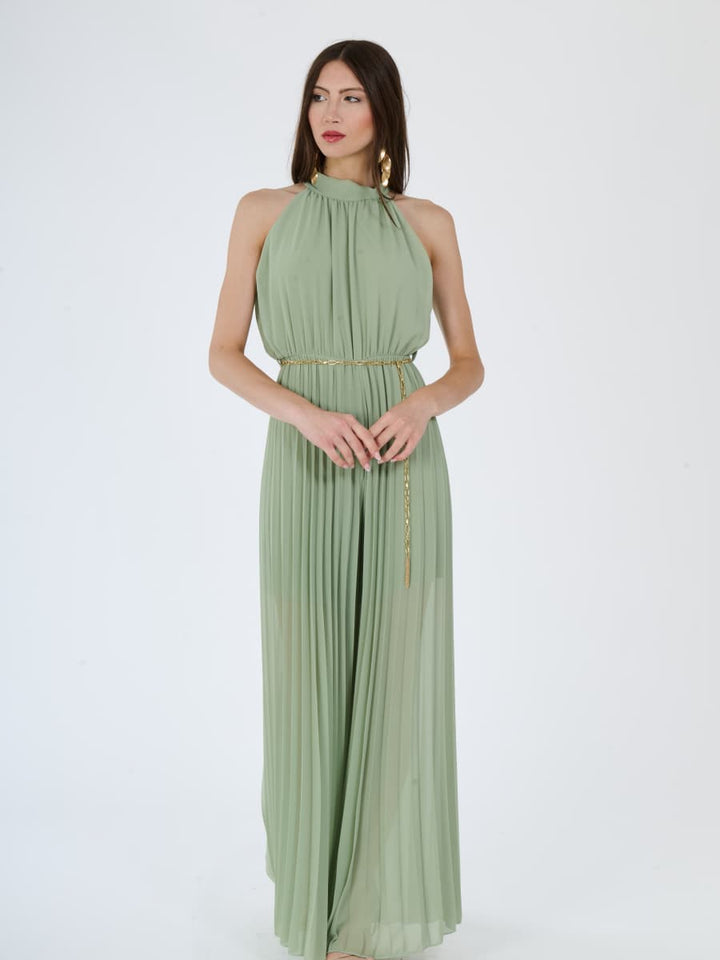 "Celestea" Jumpsuit – Plissé Jumpsuit with Crew Neck and Chain Waist
