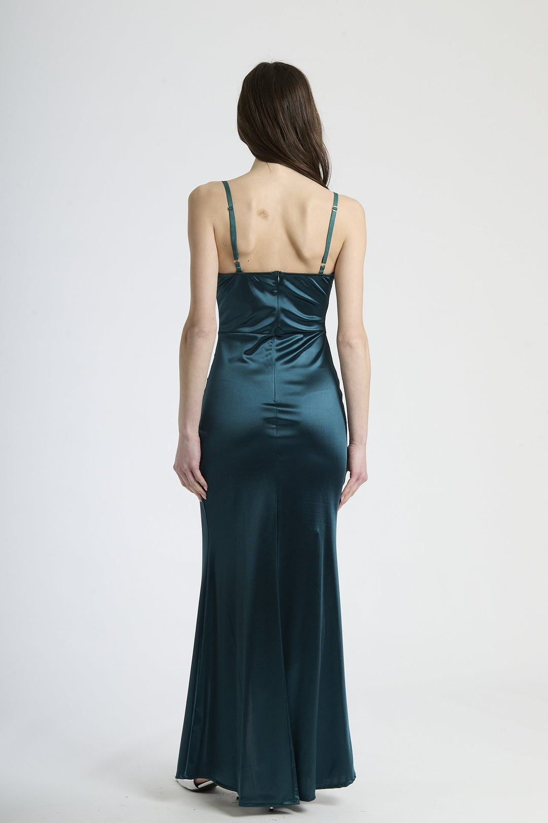 Satin dress with boned bodice and side slit Romina