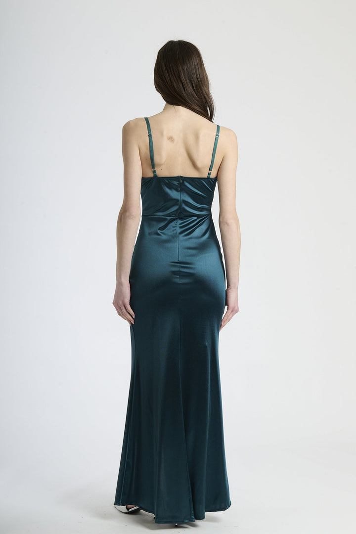 Satin dress with boned bodice and side slit Romina