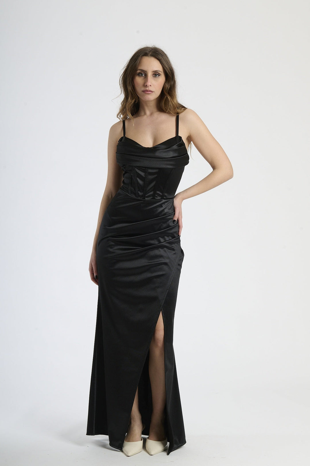 Satin dress with boned bodice and side slit Romina