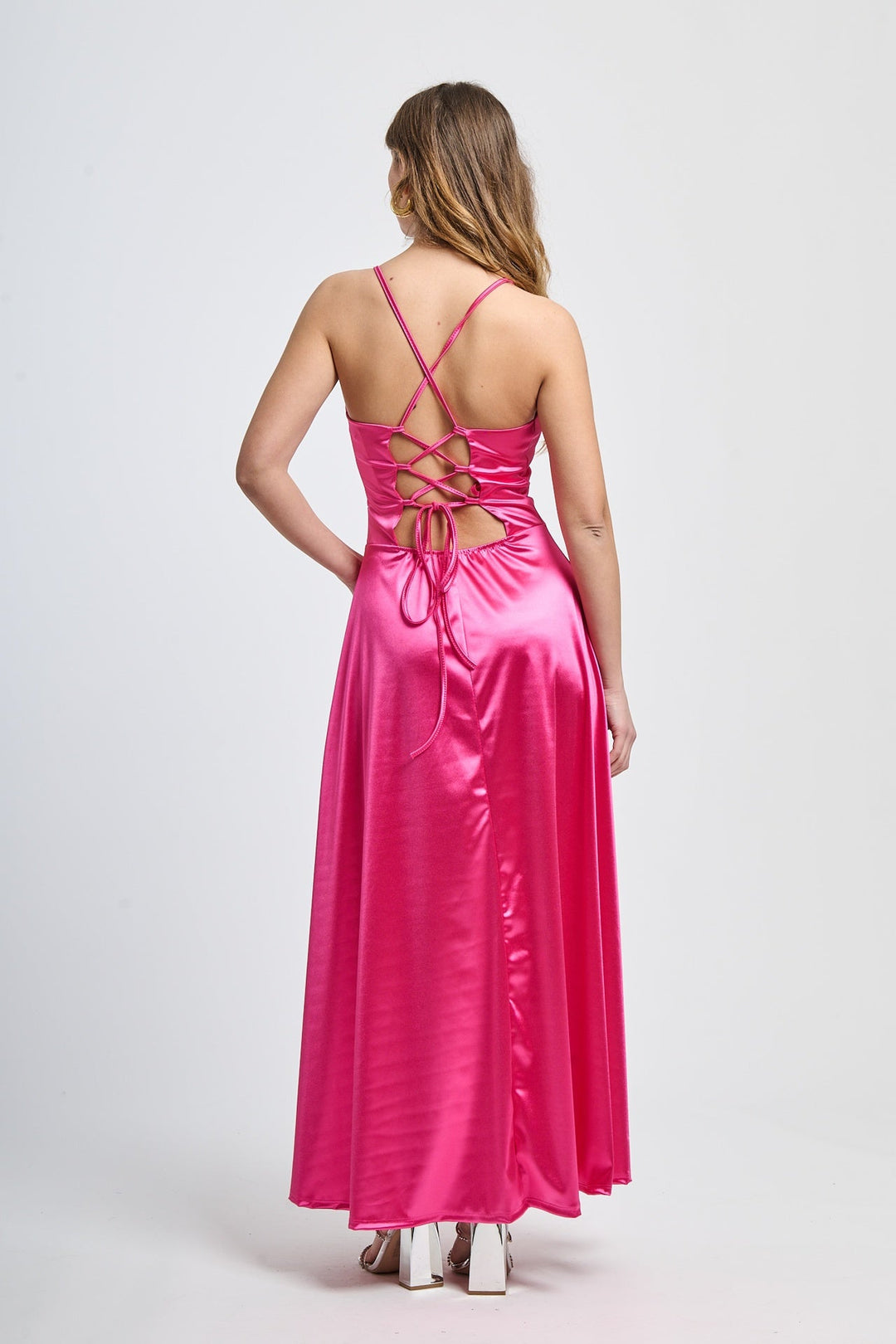 Long satin dress with open back Eva